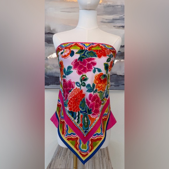 Caché Y2K Silk Scarf/Handkerchief Print Strapless Top Floral Bandana Hem - Picture 2 of 16